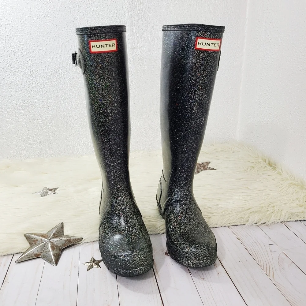 HUNTER Women's Original Tall Glitter Starcloud Black Wellies Rainboots size 6